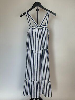Blue White Striped Tiered Midi Dress